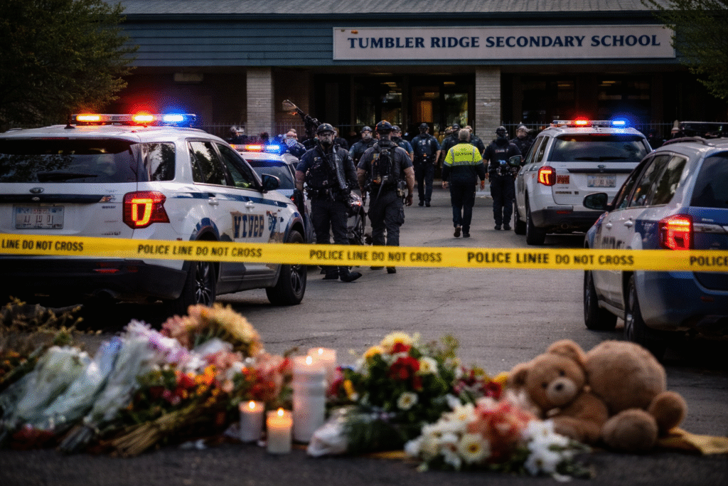 Police vehicles and officers outside Tumbler Ridge Secondary School with yellow tape blocking the entrance, while flowers, candles, and stuffed animals form a memorial in the foreground after the shooting.