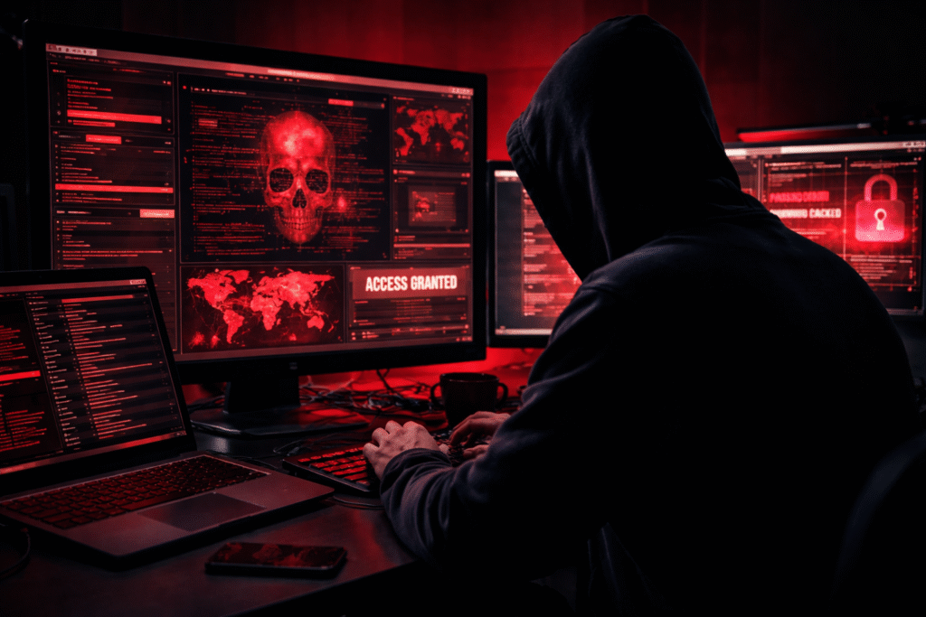 Person in a dark room sitting at a desk in shadow, facing illuminated computer screens displaying red-and-black web pages and interface panels.