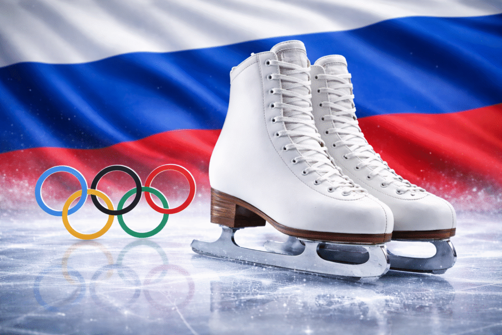 Pair of white figure skates on ice with the Russian flag behind them and Olympic rings displayed nearby.
