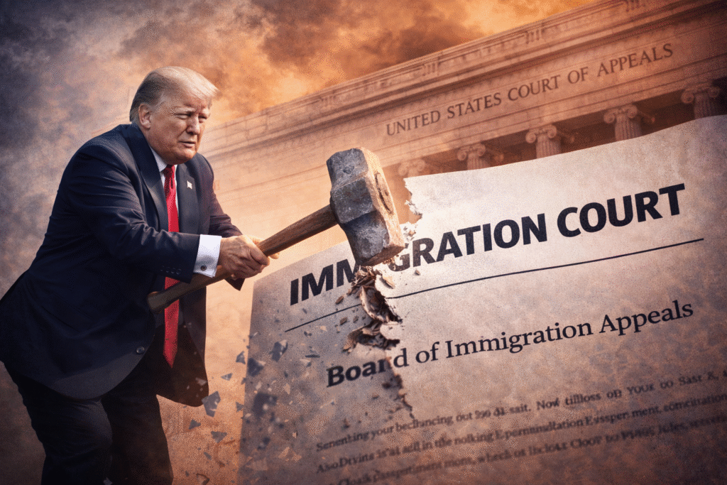 Illustration of President Donald Trump swinging a sledgehammer at a document symbolizing immigration court procedures, with a U.S. courthouse in the background.