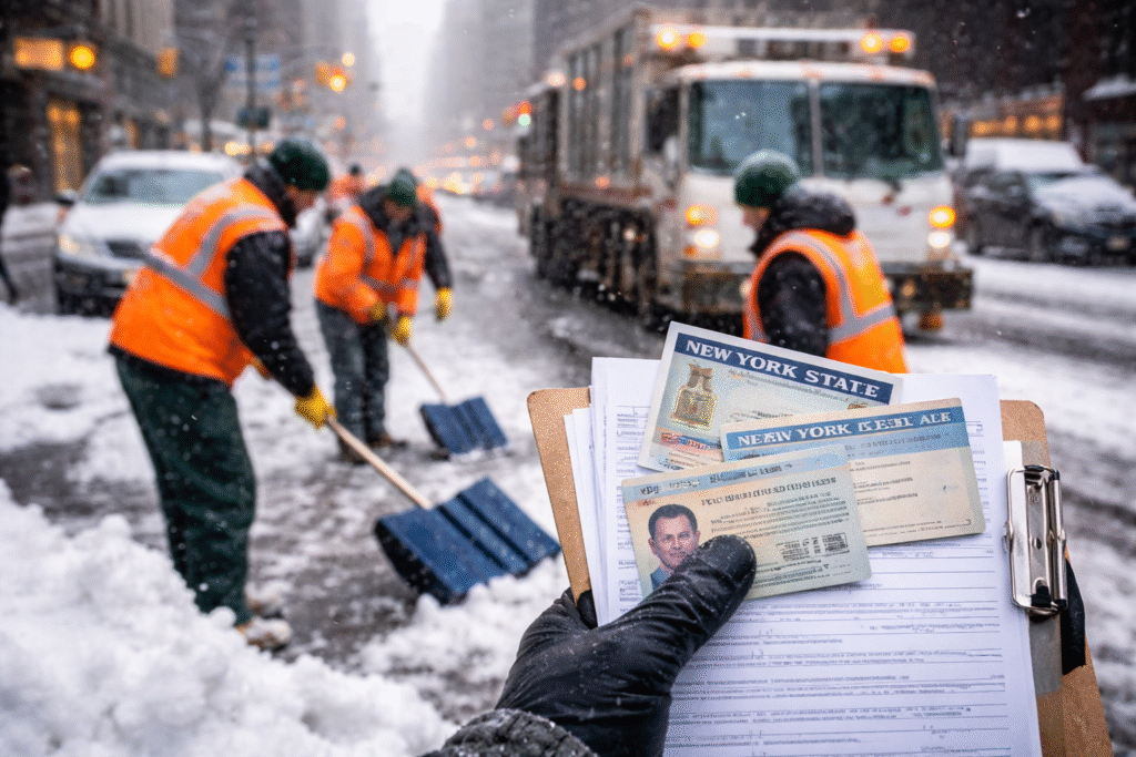 Person holding identification documents and application paperwork in the foreground while sanitation workers shovel snow on a New York City street during a winter storm.