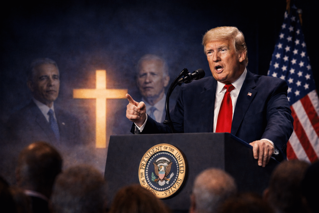 President Donald Trump speaking at a podium during a formal event, with a cross, U.S. flag, and blurred figures in the background suggesting a faith-focused political speech setting.