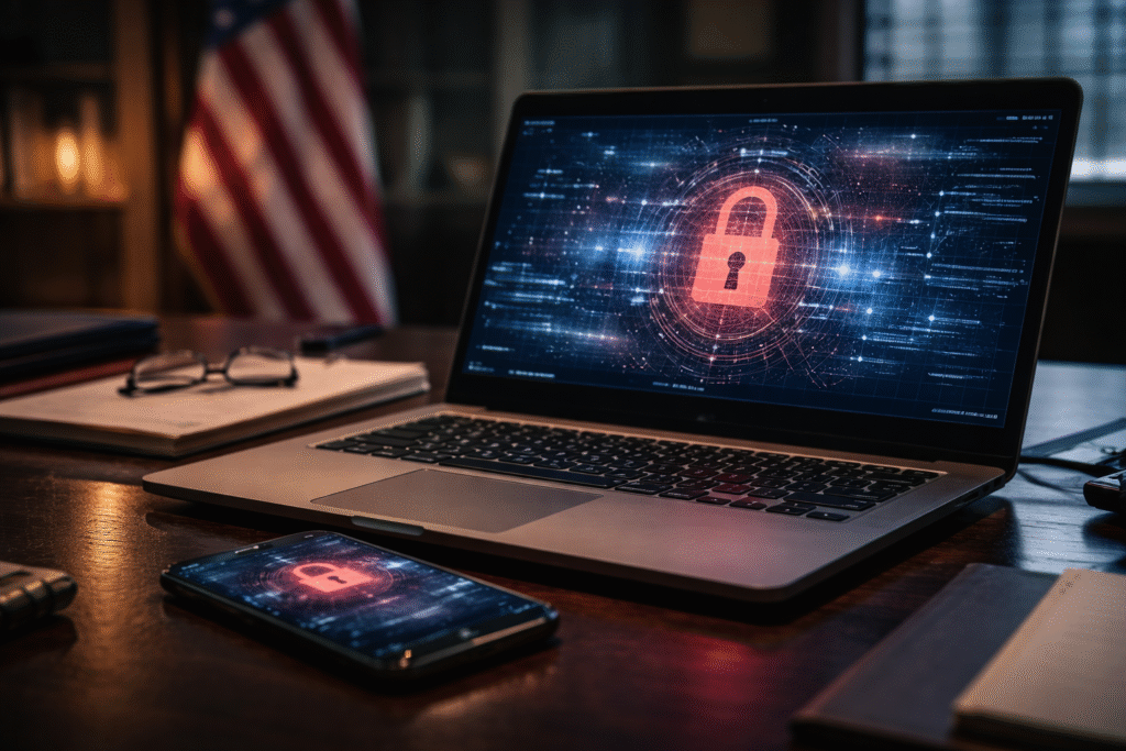 Open laptop and smartphone on a government office desk displaying a digital cybersecurity lock graphic, with an American flag blurred in the background.