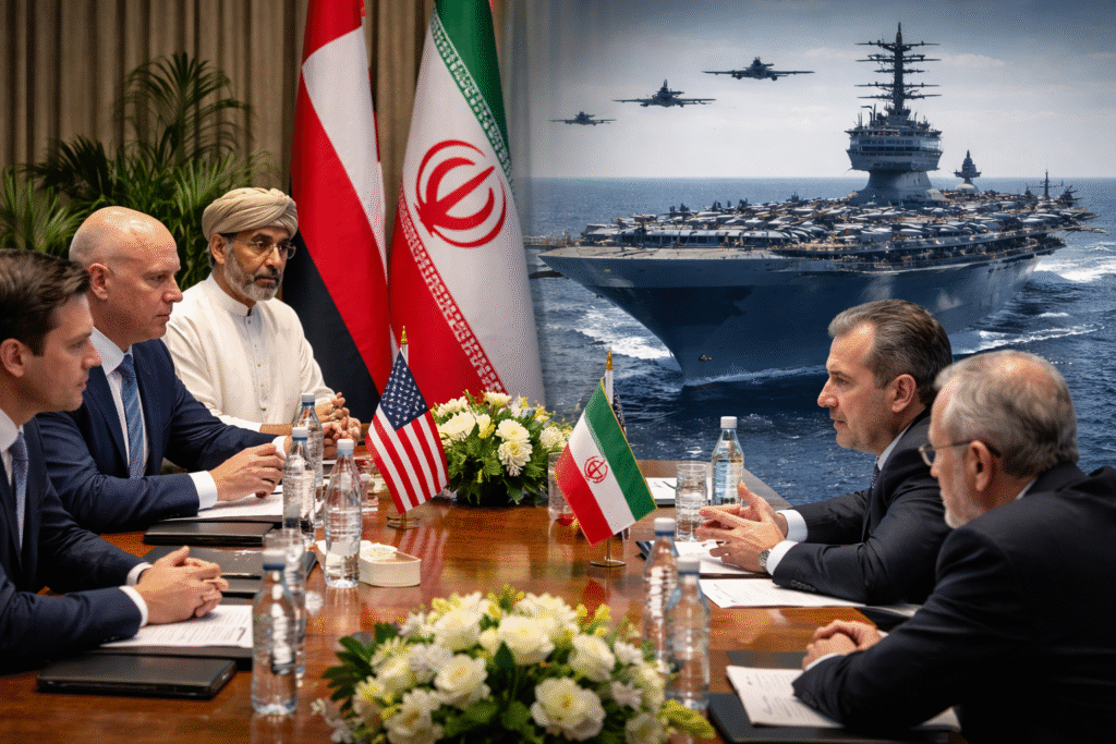 Diplomatic meeting between U.S. and Iranian officials seated across a conference table with national flags visible, alongside a U.S. aircraft carrier and military jets operating at sea in the background.