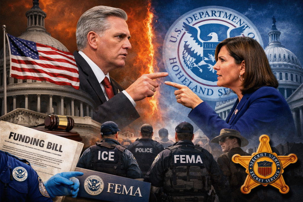 Composite news image showing U.S. Capitol backdrop with two opposing politicians facing off, DHS seal behind them, and federal security personnel representing ICE, FEMA, police, and Secret Service.