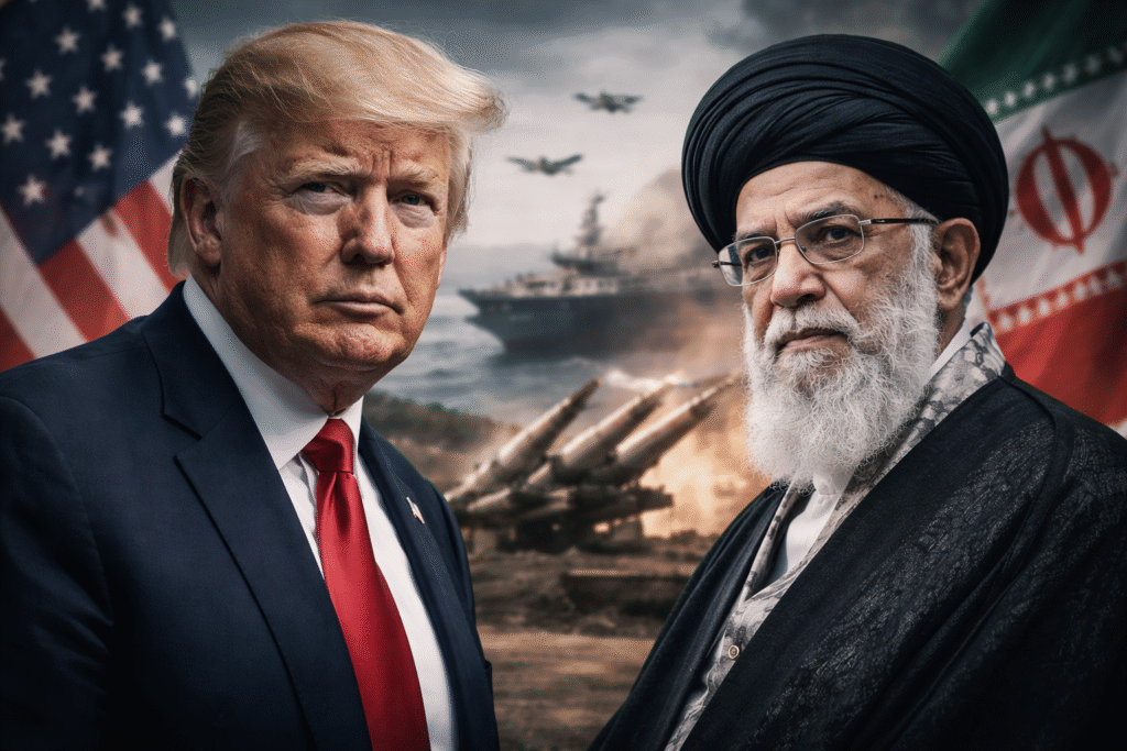 Donald Trump and Iran’s Supreme Leader Ayatollah Ali Khamenei shown facing forward, with U.S. and Iranian flags and military imagery visible in the background.
