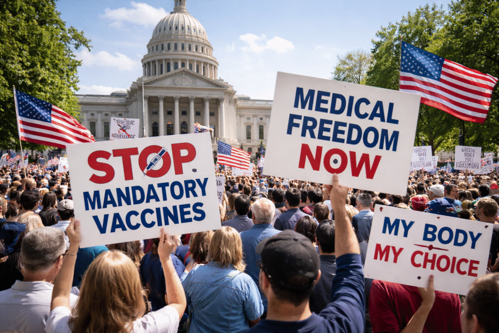 Crowd gathered outside a U.S. Capitol building during a protest, with people holding signs and American flags visible in the scene.
