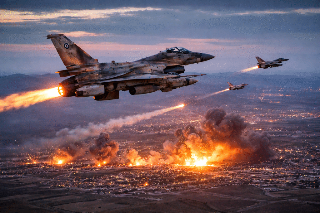 Israeli fighter jets flying at dusk while launching missiles toward ground targets, with explosions and smoke rising below.