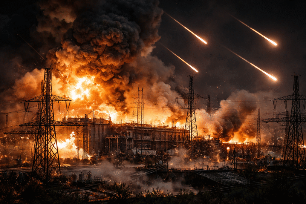Nighttime missile strike hitting an industrial energy facility with large explosions, fire, smoke, and damaged power infrastructure visible.