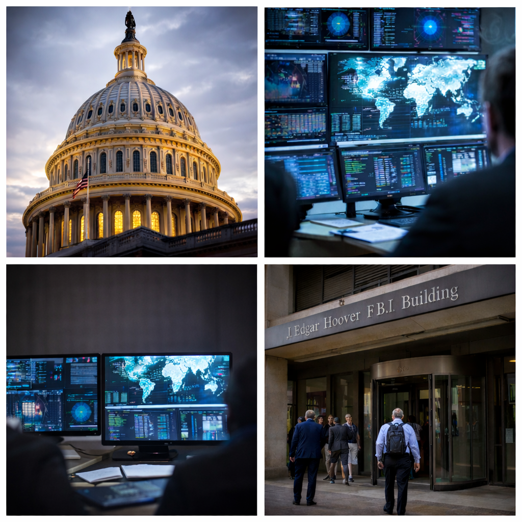 Collage showing the U.S. Capitol at sunset, a surveillance monitoring room with multiple data screens, and the entrance to the FBI headquarters in Washington, D.C.