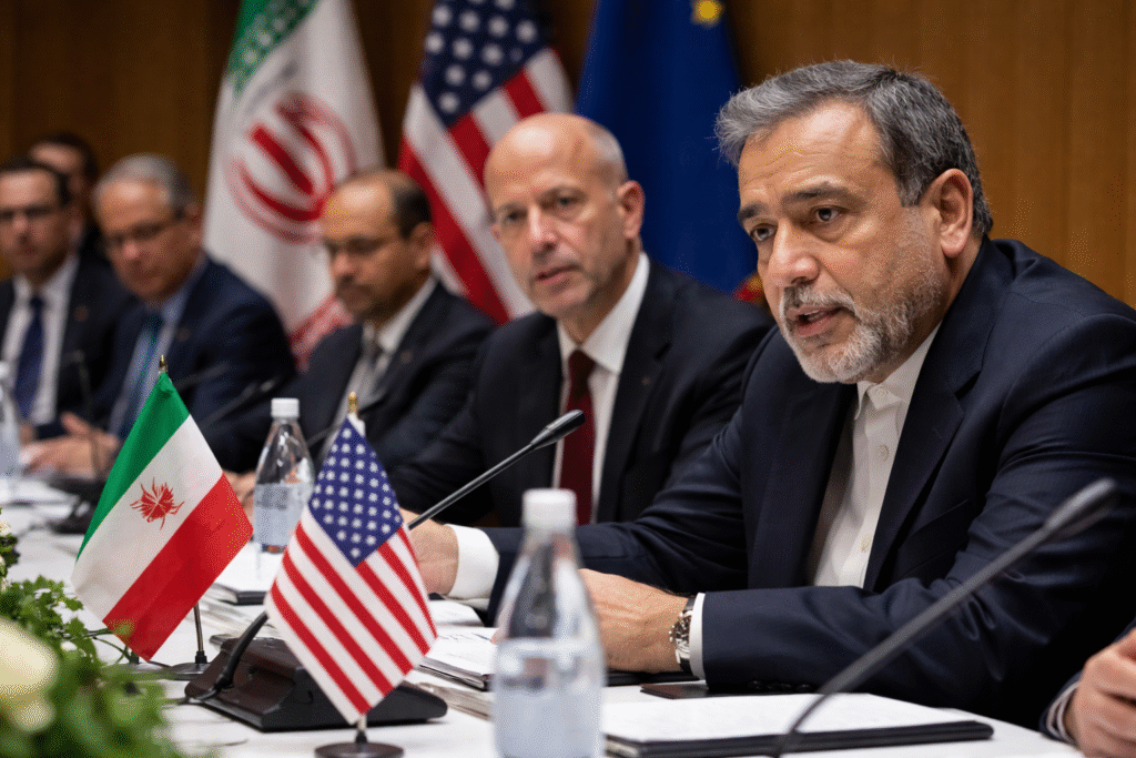 Iranian and U.S. officials seated at a conference table during nuclear negotiations in Geneva, with national flags visible in the background.