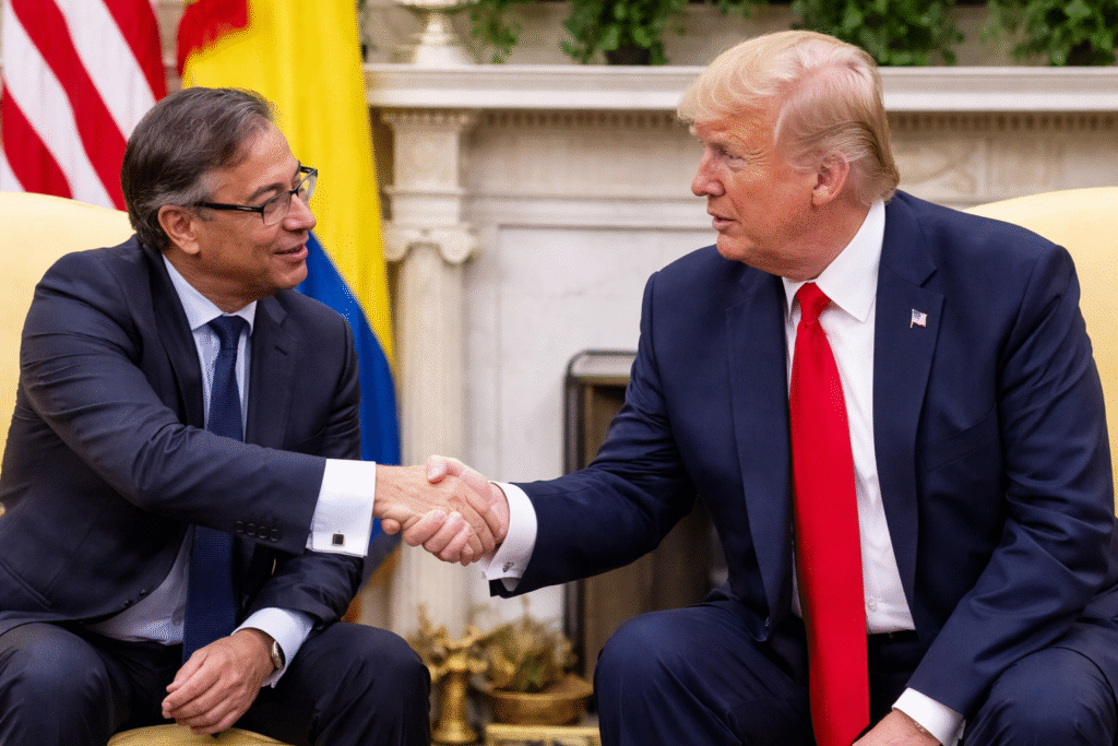U.S. President Donald Trump and Colombian President Gustavo Petro shake hands in the Oval Office, seated opposite each other with U.S. and Colombian flags visible in the background.