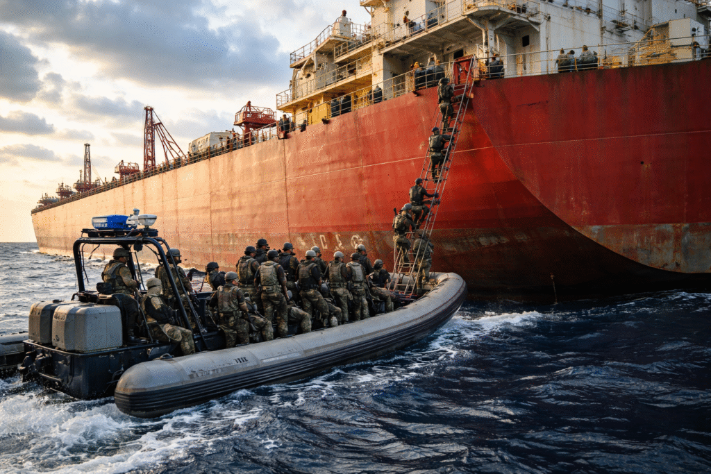 U.S. military personnel board a large crude oil tanker from an inflatable boat in open ocean, climbing a ladder along the ship’s hull during a maritime interdiction operation.