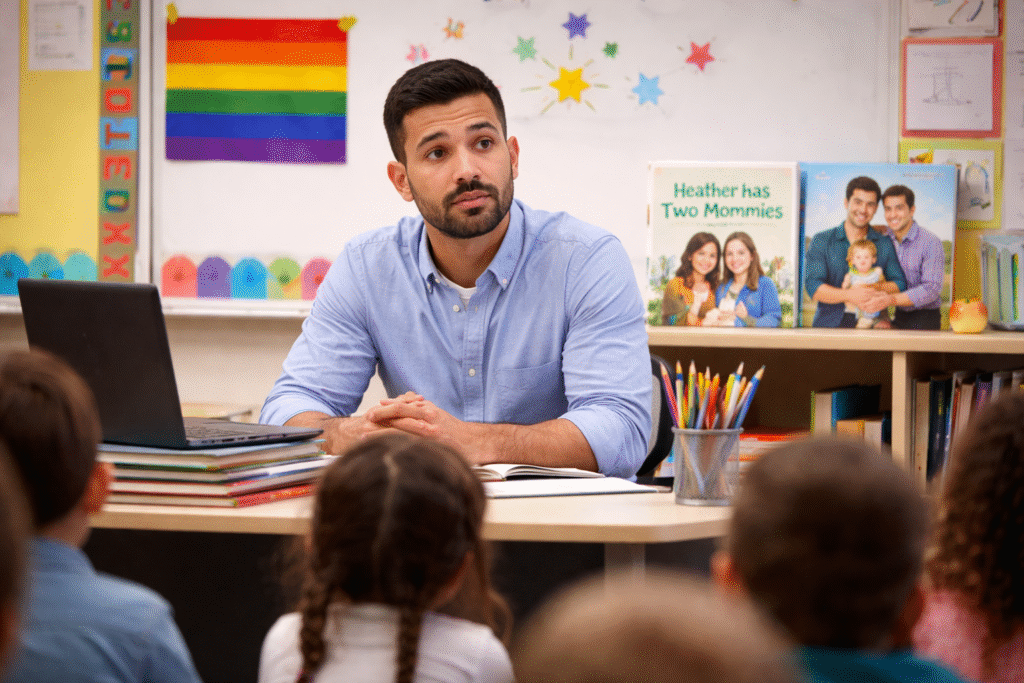 Elementary school teacher seated at a desk in a classroom while students face him, with children’s books and classroom materials visible in the background.