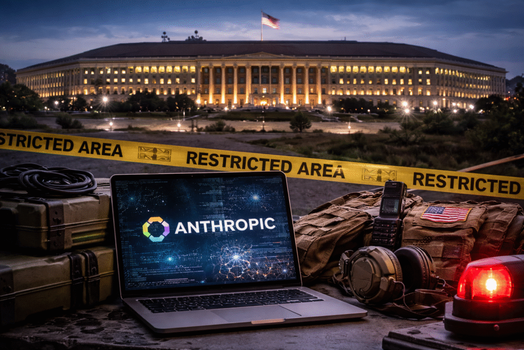 The Pentagon illuminated at dusk with a laptop displaying an AI interface in the foreground, surrounded by military equipment and a flashing red warning light.