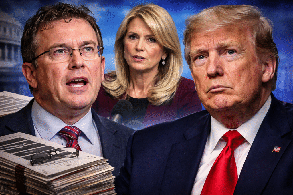 Composite news-style image showing Donald Trump and Thomas Massie with a news anchor behind them, legal documents in the foreground, and a government building backdrop.