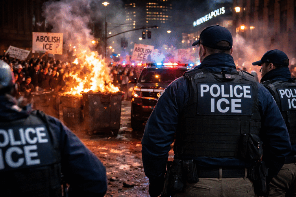 ICE and police officers standing in front of a burning dumpster during a nighttime protest in Minneapolis, with demonstrators and police lights in the background.