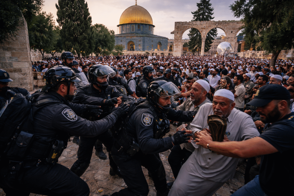 Israeli police in riot gear confronting Muslim worshippers inside the Al-Aqsa compound in Jerusalem, with the Dome of the Rock visible in the background during evening prayers.