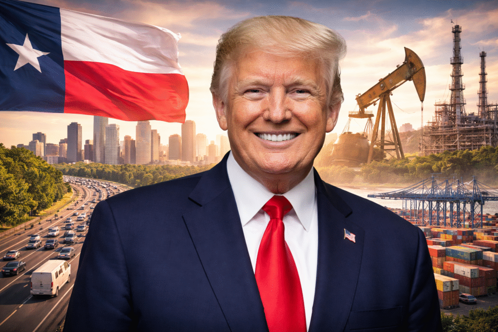 President Trump in a navy suit and red tie smiling in the foreground, with the Texas state flag waving behind him, a city skyline, highway traffic, an oil pumpjack, refinery structures, and a busy cargo port in the background.