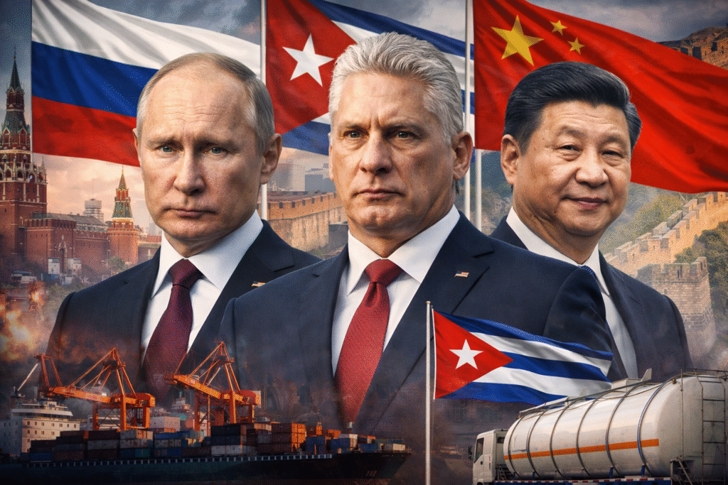 Composite news-style image showing the leaders of Russia, Cuba, and China in front of their national flags, with shipping ports and geopolitical landmarks symbolizing international cooperation and trade.