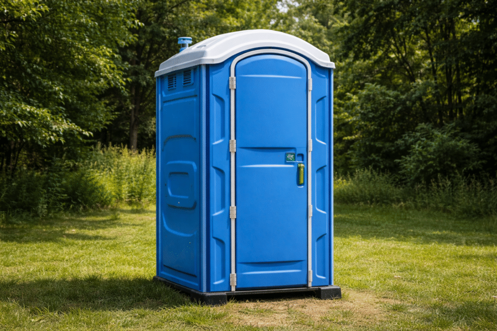 Single blue portable toilet standing on grass in an outdoor park setting with trees in the background