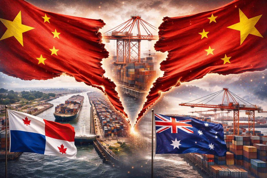Illustration showing a torn Chinese flag overlaid above container ports at the Panama Canal and Australia’s Port of Darwin, with cargo ships, cranes, and national flags symbolizing the loss of Chinese control over key global maritime facilities.