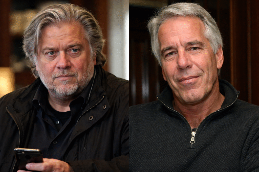 Side-by-side portrait of Steve Bannon and Jeffrey Epstein in indoor settings, each shown from the shoulders up with neutral expressions and softly lit backgrounds.