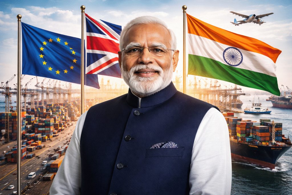 Narendra Modi in foreground with EU, UK, and India flags behind him overlooking a cargo port with ships and containers symbolizing trade expansion.