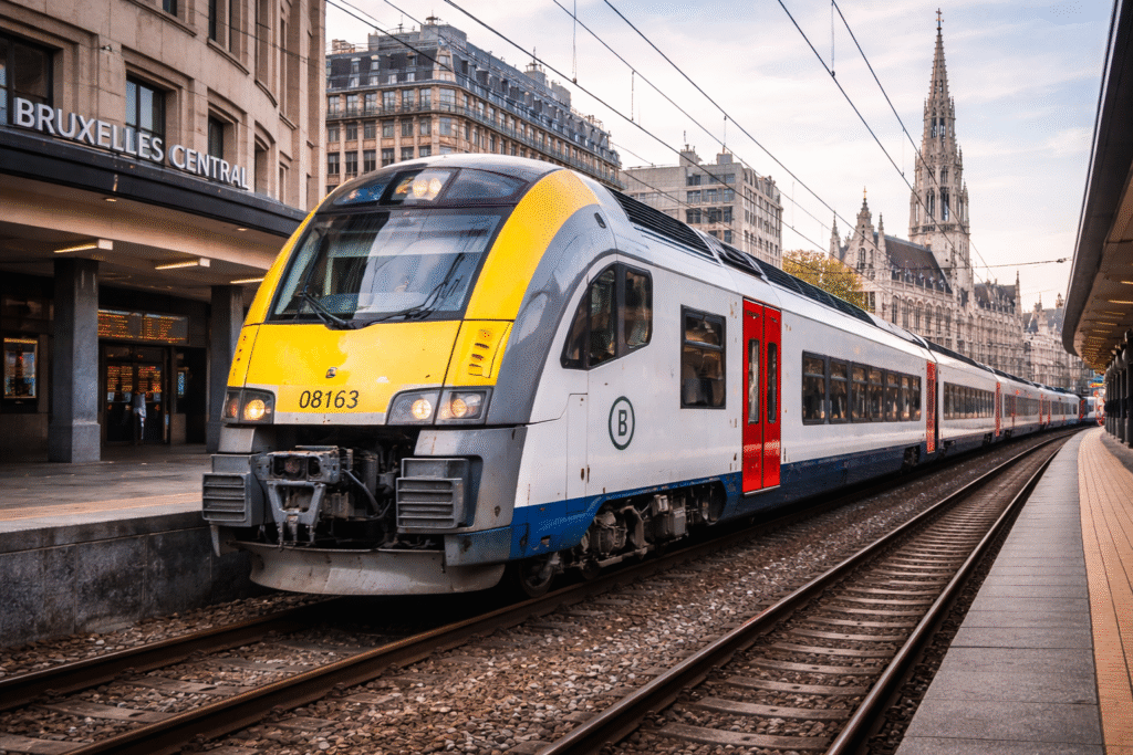 Modern passenger train at a Brussels station platform with city buildings and a church spire in the background
