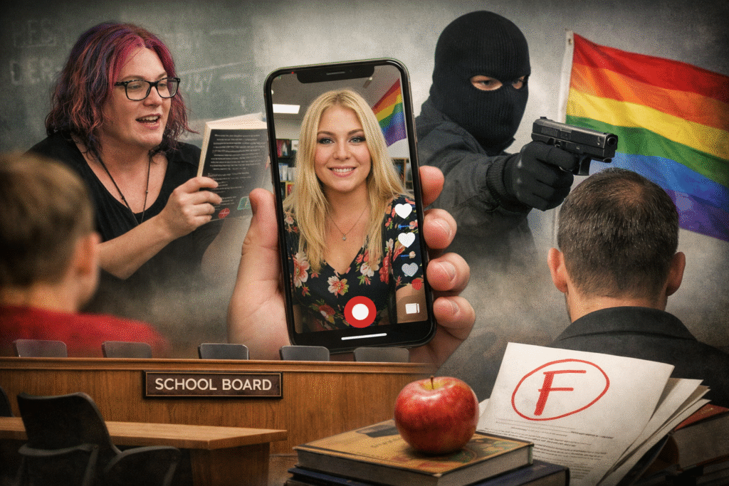 Composite image showing classroom scenes, a teacher reading to students, a smartphone recording a teacher in a classroom, a school board setting, and symbolic imagery representing controversy in education.