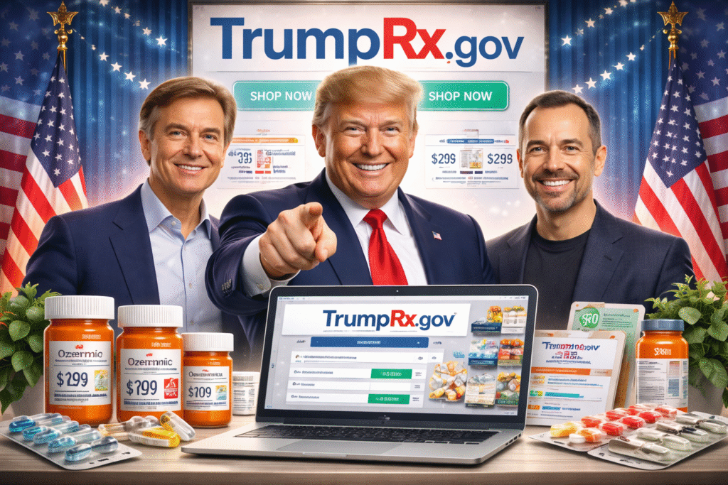 Officials stand behind a laptop displaying a prescription drug website, with pill bottles and medications arranged in the foreground to represent discounted pharmaceutical access.
