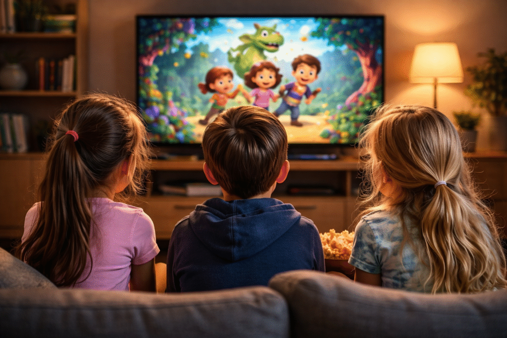 Three children sitting on a couch in a living room watching a television screen together, with a bowl of popcorn nearby and soft indoor lighting.