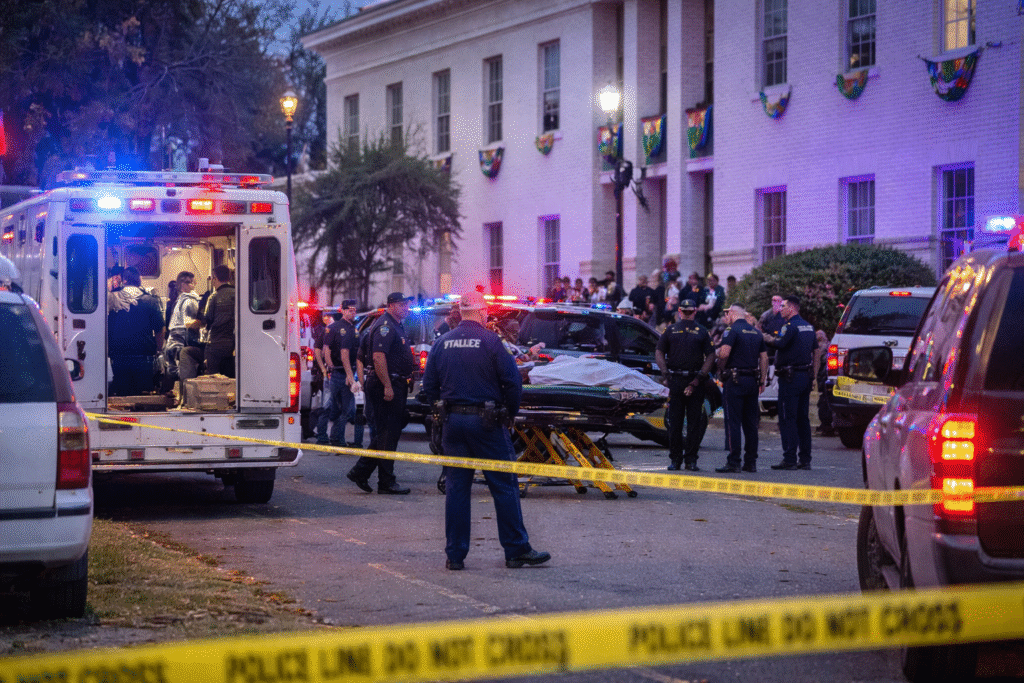 Law enforcement and emergency responders secure the area outside the East Feliciana Parish Courthouse as police vehicles, an ambulance, and a stretcher are visible behind yellow police tape following a Mardi Gras parade shooting in Louisiana.