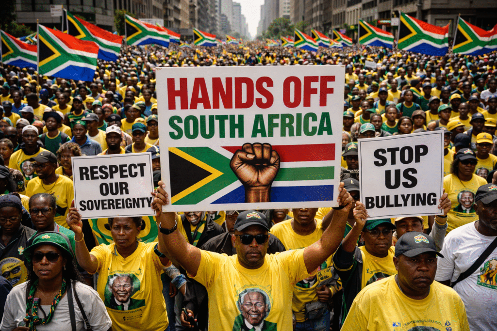 Large crowd of ANC supporters marching through central Johannesburg carrying South African flags and protest placards during a national demonstration against the United States.