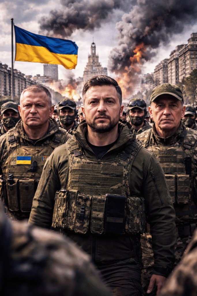 Ukrainian soldiers and military leaders standing in a city street with the Ukrainian flag raised behind them, smoke and fires visible in the background.