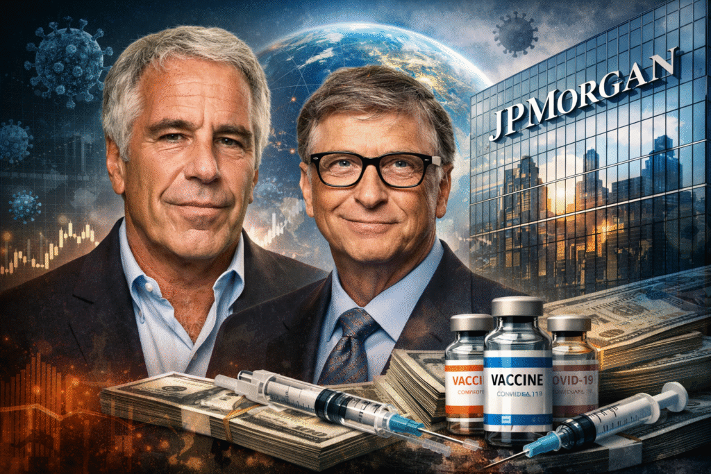 Bill Gates and Jeffrey Epstein portraits beside a JPMorgan building, with vaccine vials, syringes, and stacks of cash in the foreground against a global health and finance backdrop.