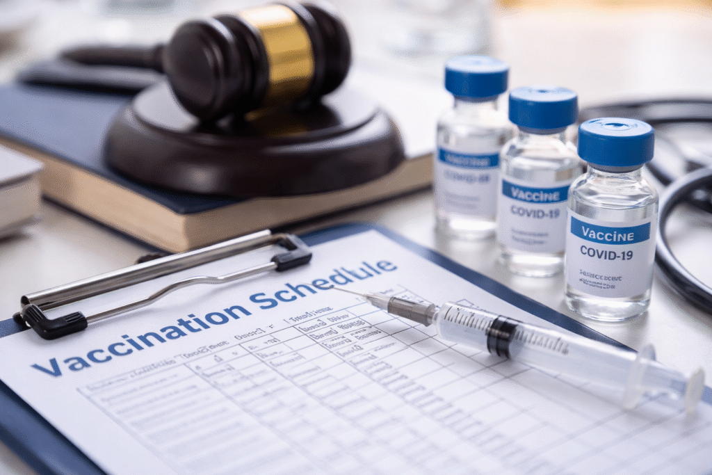 A vaccination schedule on a clipboard beside a syringe, vaccine vials, a stethoscope, and a judge’s gavel resting on law books, symbolizing legal scrutiny of vaccine policy.