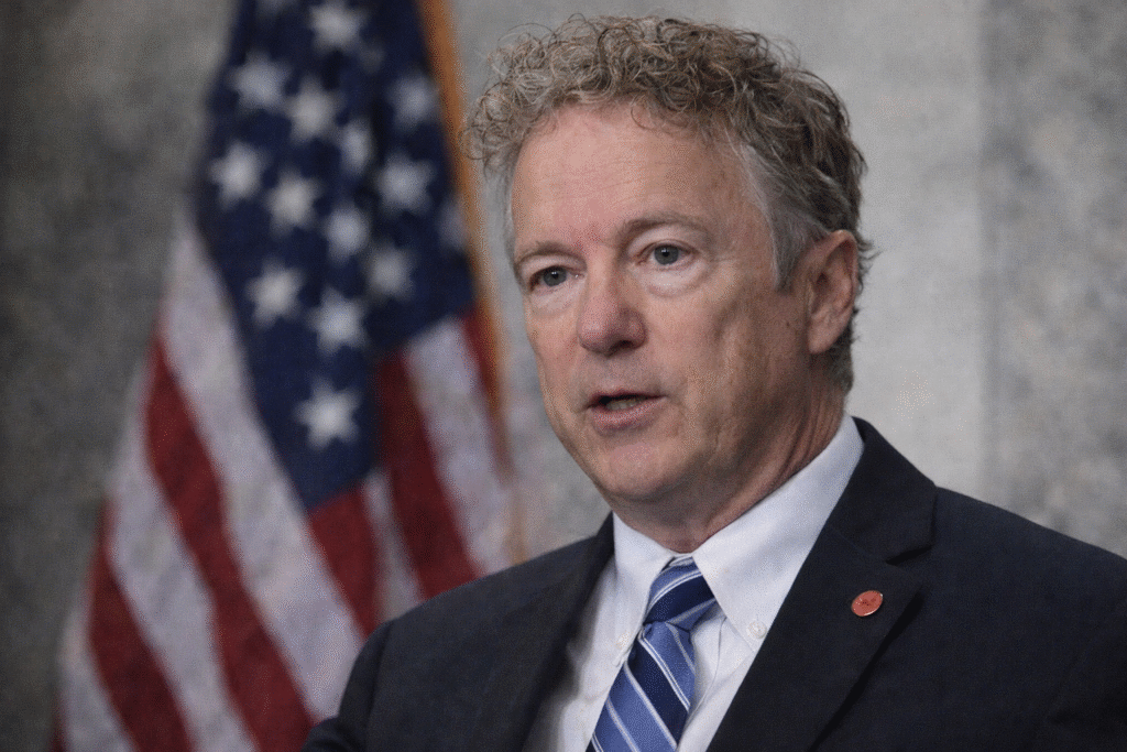Rand Paul speaking in a suit with an American flag and marble wall blurred in the background.