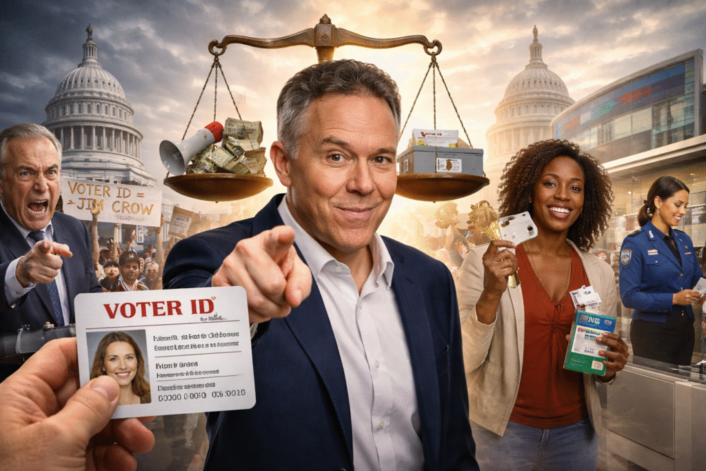 Symbolic image showing a voter ID card and a balance scale representing debate and differing viewpoints around voter identification laws.