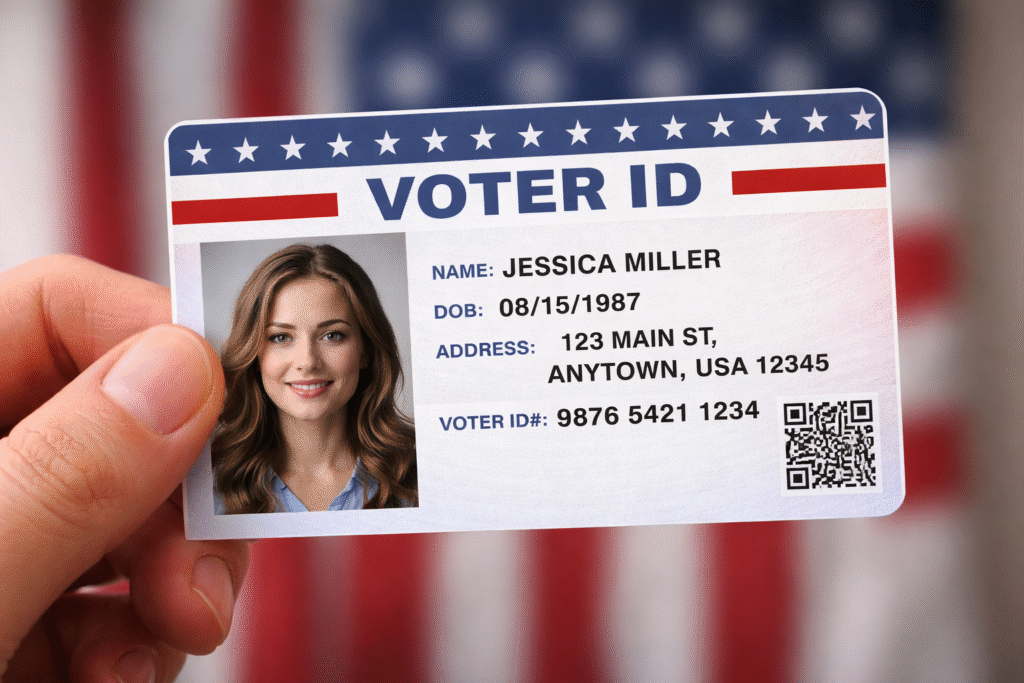 Hand holding a voter identification card with photo and personal details against a blurred American flag background