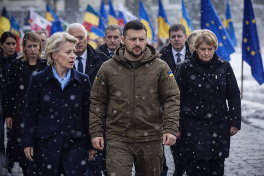 Volodymyr Zelensky walking alongside European Commission President Ursula von der Leyen in Kyiv as European leaders follow behind, with EU and national flags visible in the background during winter snowfall.