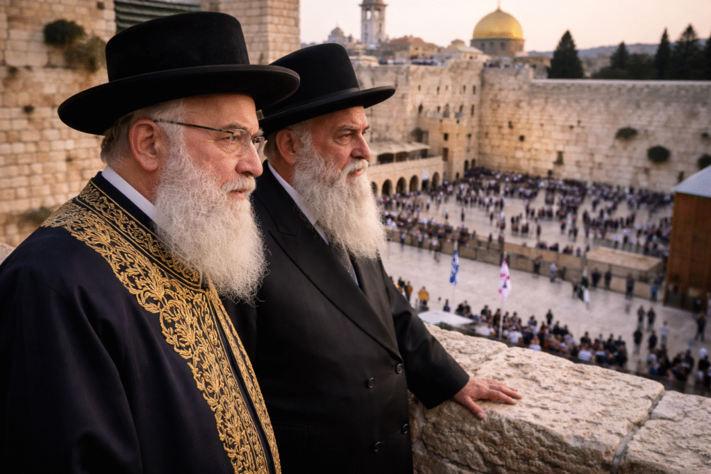 Two Orthodox rabbis overlooking the Western Wall plaza in Jerusalem, with worshippers gathered below and historic religious landmarks in the background.