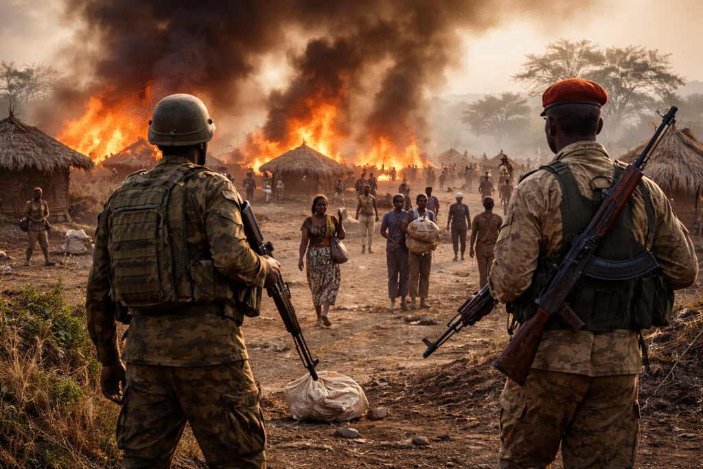 Civilians walking away from burning huts in a rural South Sudan village as armed soldiers stand nearby and smoke rises in the background.