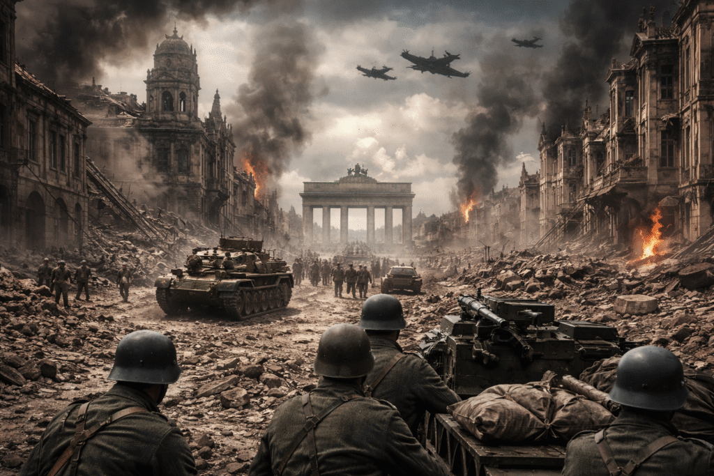 Historic-style image of a bomb-damaged German city during World War II, with soldiers moving through rubble-filled streets, military vehicles in the foreground, smoke rising from destroyed buildings, and the Brandenburg Gate visible in the distance.