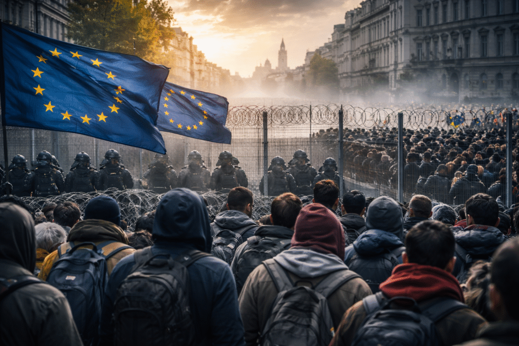 A large crowd gathers behind fencing in a European city as police in protective gear stand in front, with European Union flags visible above the scene at dusk.