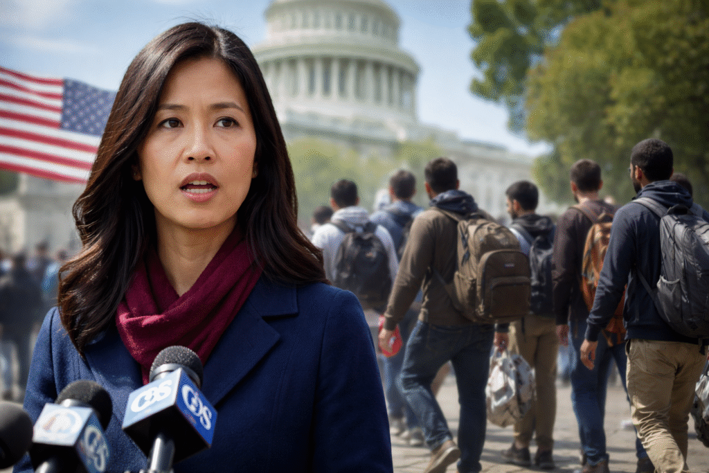 Boston Mayor Michelle Wu speaking to reporters outdoors with microphones in the foreground, with the U.S. Capitol, an American flag, and a group of migrants walking behind her in the background.