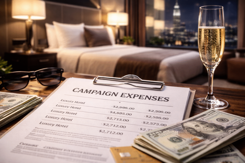 Documents labeled as campaign expenses on a hotel desk with cash and a champagne glass in a luxury New York City hotel room, symbolizing scrutiny over campaign fund spending on upscale accommodations.