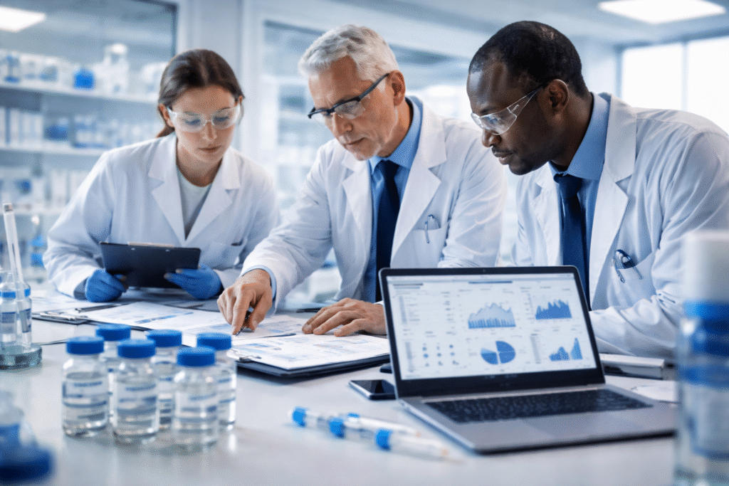 Scientists in a medical research laboratory reviewing vaccine safety and efficacy data in a controlled clinical setting.
