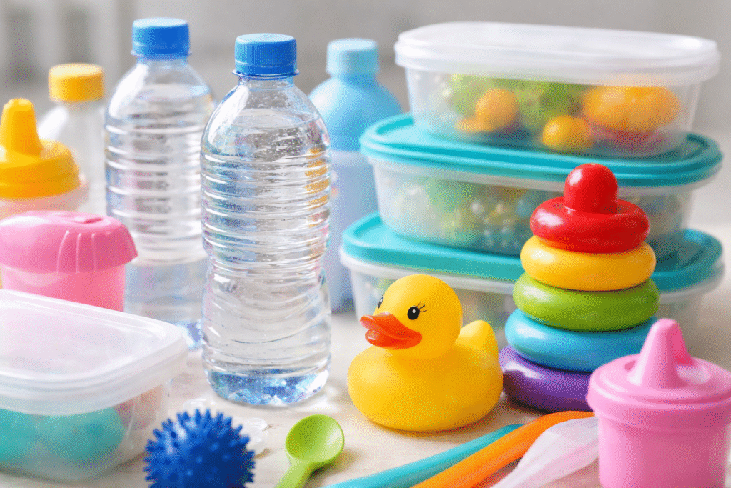 Close-up photo of various common plastic products like bottles, containers, and children’s toys representing exposure to BPA and its chemical alternatives that may affect reproductive health.