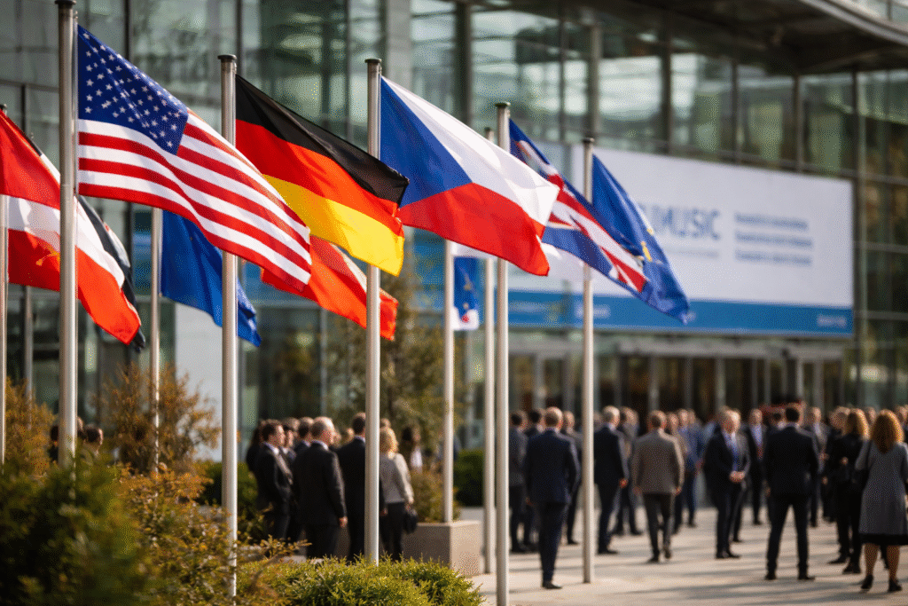 International flags flying outside the Munich Security Conference venue in Germany during the 2026 event, illustrating the global diplomatic setting.